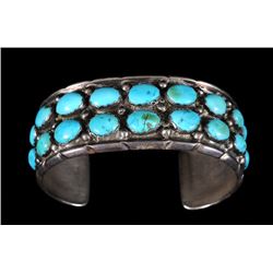 Navajo Silver And Turquoise Bracelet Stamped ML Sterling 6" L. 1" W. 1 1/4" W. Gap  Good Condition