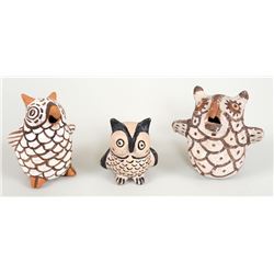 Three Pottery Owls, Two Zuni and One Cochiti 2 3/4" H. - 3 3/4" H.  Fair Condition