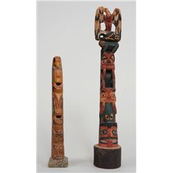 Northwest Coast Totem Carved with Seven Figures 11 1/4" H.  Fair Condition and a Totem Carved with T