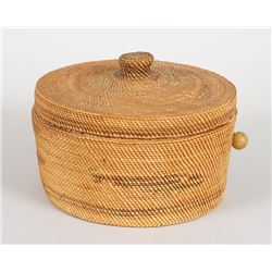 Nuu-chah-nulth Knob Top Sewing Basket with Eagle and Whale Design 6 1/2" D. 4" H.  Good Condition