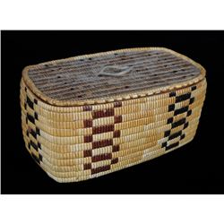 Fully Imbricated Salish Trinket Basket with Lid 9 1/4" L. 5 1/2" W. 4 1/2" H.  Good Condition