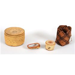 Three Nuu-chah-nuth Basketry Items; Basket 4 1/2" D. 3" H., Basket 2" D. and Covered Shell 3" W. All