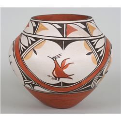 Zia Pueblo Pottery Jar with Rainbows, Clouds and Roadrunner Design by Gloria Gauchupin 9" D. 7 3/4" 