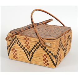 Fully Imbricated Salish Basket with Lid and Handles 11" L. 10" W. 5 1/2" H.  Good Condition