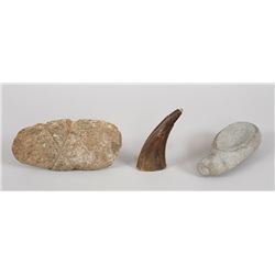 Stone Tomahawk Head 7 1/2" L., Figural Stone Bowl 6 1/2" L. and a Powder Horn with Bird Motif 4 1/2"