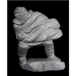 Inuit Soapstone Carving of a Hunter and Seal - 37088 Signed T. Ken 11 1/4" H. 10" W.  Good Condition