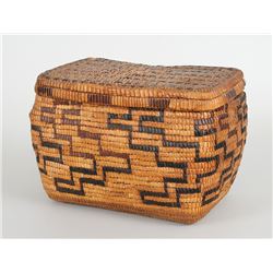 Fully Imbricated Salish Basket with Lid 11" L. 7 1/2" W. 7 1/2" H.  Good Condition with Minor Loss O