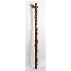 Finely Carved Northwest Coast Talking Stick Carved with Thunderbird, Whale, D'sonoqua, Bear, Triple 