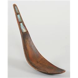 Carved Northwest Coast Wood Spoon with Abalone Inlay 8" L. 2 1/4" W.  Good Condition