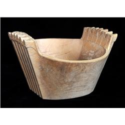 Wasco Alder Bowl Carved with Opposing Panels Depicting Wolves 13" L. 13 1/2" W. 8" H. Signed DAF  Go