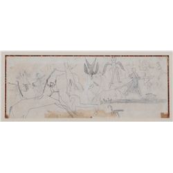19TH C. Southwest Ledger Drawing with Shamanic and Horse Motif Ex: Rassmussen Collection - Juneau, A