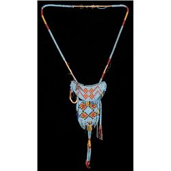 19TH C. Beaded Strike-A-Lite Pouch and Goret with Geometric Design Decorated with Tin Cones 29" L. 5