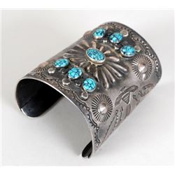 Navajo Silver and Spider Web Turquoise Bow Guard with Repousee Work and Stamped with Arrows, Birds a
