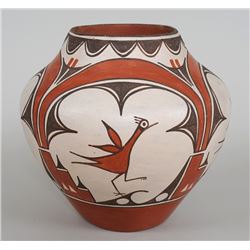 Zia Pueblo Pottery Olla with Spalling and Roadrunner Design by Dominguita Pino 10 1/2" D. 10 1/2" H.
