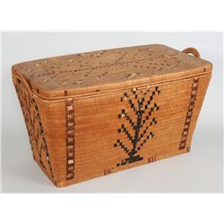 Large Salish Lidded Basketry Trunk with Handles and Tree of Life Imbricated Design 29" L. 15" W. 15"