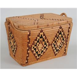 Large Salish Lidded Basketry Trunk with Handles and Diamond Imbricated Design 24" L. 16" W. 15" H. F