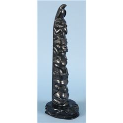 Arthur Moody Argillite Totem Carved with Eagle, Bear Biting Salmon, Shaman, Raven and Bear on a Frog