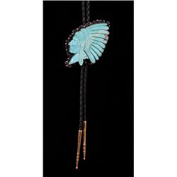 Carved Turquoise Chief Bolo Tie 1 3/4"x 2 3/4"  Good Condition