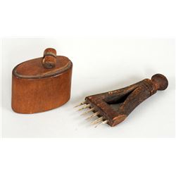 19TH C. Inuit Wood and Bone Comb Used for Hackling Grass in Basket Making 4" L. 1 3/4" W. and a Wood