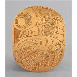 Phil Whonnock 14K Gold Bolo Tie 10.6 GMS with Incised Thunderbird Design 1 1/4"x 1 5/8"  Good Condit