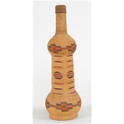 Makah Basketry Covered Bottle with Geometric Design 13" H. 4 1/2" D.  Good Condition