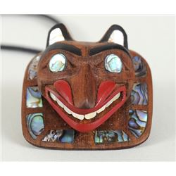 Miniature Wolf Mask Pendant with Abalone Inlay Carved by Tommy Eanes 1 5/8"x 1 5/8"  Fine Condition
