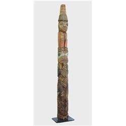 19TH C. Tlingit Totem Carved with Watchman, Bear with Halibut and Two Salmon at the Bottom with Orig