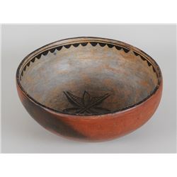19TH C. Cochiti Pottery Bowl with Ceremonial Cloud, Rain and Corn Motif 10 3/4" D. 4 1/8" H.  Fair C