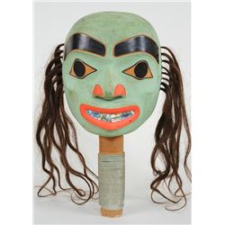 Tahltan Rattle with Abalone Inlaid Teeth Carved by Vern Etzetza 12" H. 6" W.  Good Condition