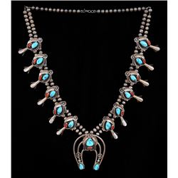 Navajo Silver And Turquoise Squash Blossom Necklace 26" L. Open - Naja 2 1/4"x 2 1/2"  Good Conditio
