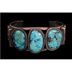 Navajo Silver and Turquoise Bracelet with Square and Twister Silver Bands, Stones From the Fox Mine 