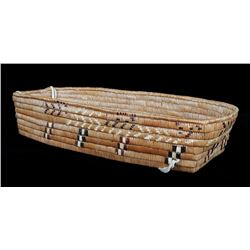Coast Salish Basketry Cradle with Imbricated Design 23 1/2" L. 10" W. 4 3/4" H. Good Condition
