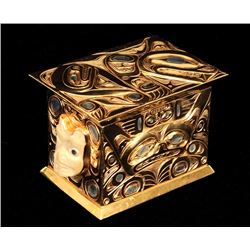 David Neel Repousse 18K Gold Grizzly Bear Box with Abalone Inlay and Carved Bone Bear Heads on Two S