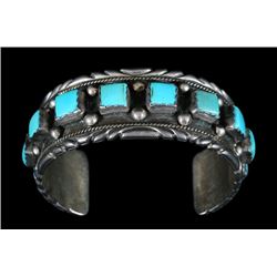 Navajo Silver And Turquoise Bracelet Stamped BB Sterling 5 1/2" L. 1" W. 1 3/8" W. Gap  Good Conditi