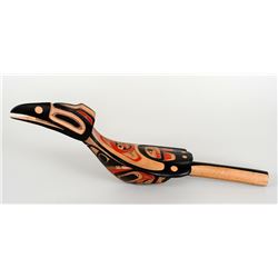 Finely Carved Northwest Coast Raven Rattle Signed KJM 14" L. 3 1/2" W.  Fine Condition