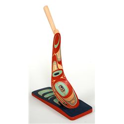 Tsimshian Carved Birch Grease Spoon with Eagle Chief Design 12" L. on a Carved Alder Stand 3 1/4"x 9