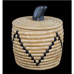 Inuit Lidded Coiled Grass Basket with Carved Soapstone Seal Finial 8" H. 6 3/4" D.  Fine Condition