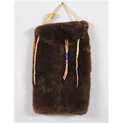 Beaver Fur Bag Decorated with Trade Beads 15" H. 10" W.  Good Condition