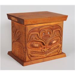 Northwest Coast Lidded Bent Wood Box with Carved Design - Signed  J 13 1/4" L. 8 3/4" W. 11" H.  Goo