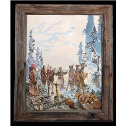 Oil Painting on Board of a Native Hunting Camp in Winter by R. Beauchamp 19 1/2"x 23 1/2" In Rustic 