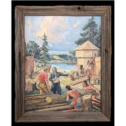 Oil Painting on Board of Fort Construction by R. Beauchamp 19"x 23" In Rustic Wood Frame  Good Condi