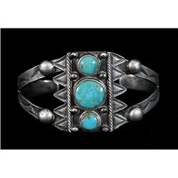 Navajo Silver and Turquoise Bracelet  5 3/4" L. 1 1/4" W. 1 1/8" Gap  Fine Condition