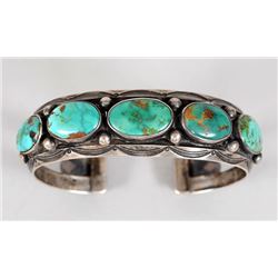 Navajo Silver and Royston Turquoise Bracelet Set with Five Stones on Top and Two Stones at the Termi