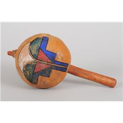 Hopi Gourd Rattle with Traditional Painted Design 10 3/4" L. 5" W.  Good Condition