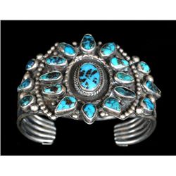 Navajo Silver and Turquoise Cluster Bracelet 75 GMS  5 1/2" L. 2" W. 1 1/4" Gap  Fine Condition