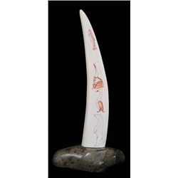 Inuit Walrus Ivory Tusk with Scrimshaw Work of Various Arctic Animals 15" H. 7" W.  Good Condition N