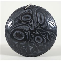 Haida Argillite Pendant with Raven Design Carved by Pat Dixon 2 1/4" D.  Fine Condition