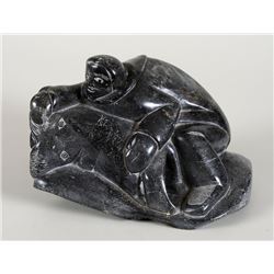 Inuit Soapstone Carving of an Inuk by Lucassie Kavavauk - Ivujivik 12" H. 6 1/2" W.  Good Condition