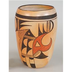 Southwest Pottery Jar with Geometric Design and Spalling - Unsigned 10 1/2" D. 7" H.  Good Condition