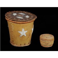 Birch Bark Lidded Basket with Quill Work 6 1/2" W. 6 1/4" H. and a Lidded Nuu-chah-nulth Basket 3" D